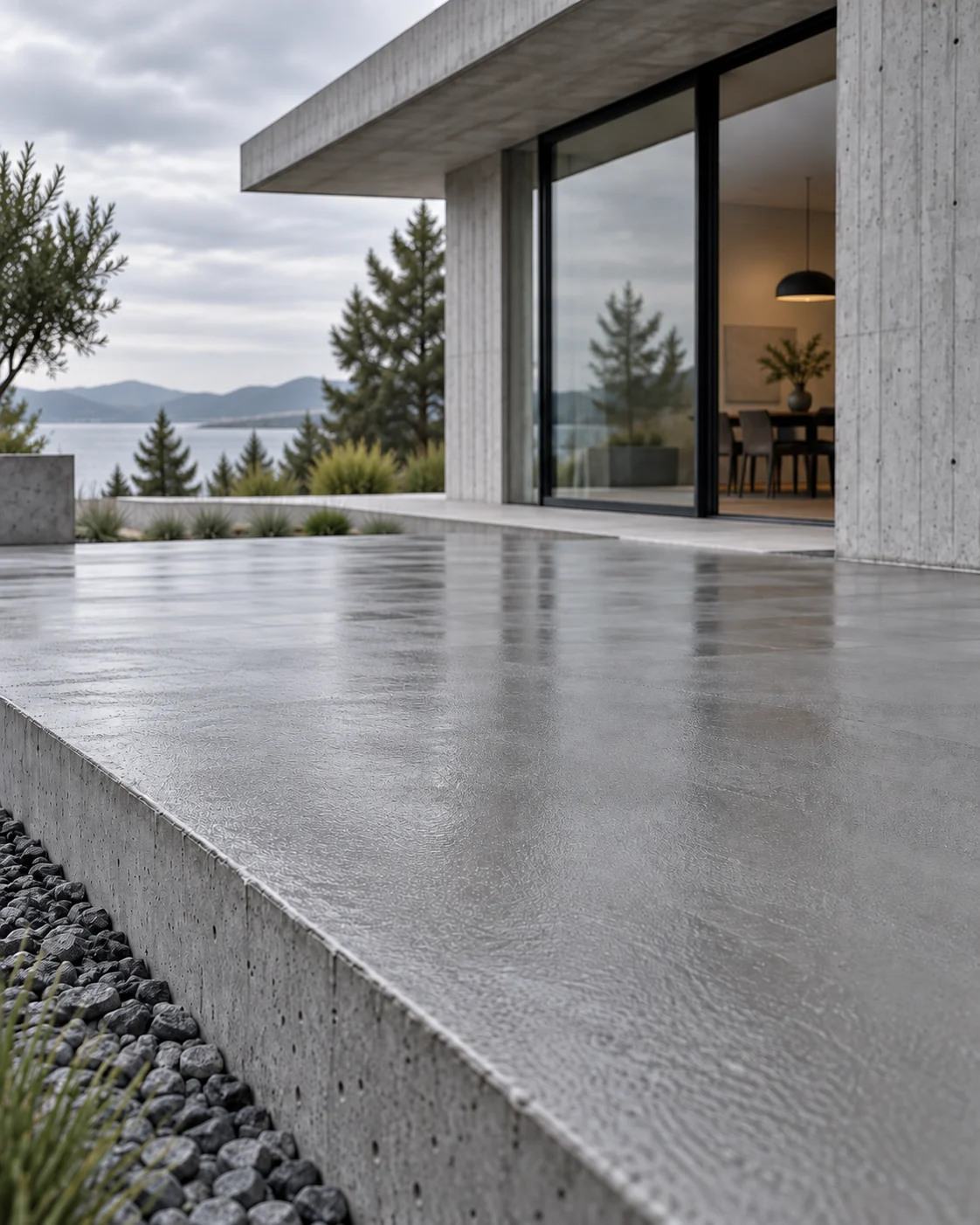 Close-up of a finished concrete patio slab and edge